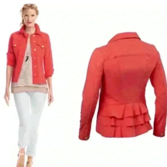 Cabi Taylor Utility Ruffle Back Button Down
Jacket #727 Red Orange - Picture 2 of 14